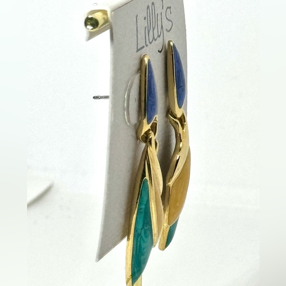 Vintage Lilly’s Blue Green Yellow & Gold Enamel Geometric Dangle Earrings - Picture 4 of 6